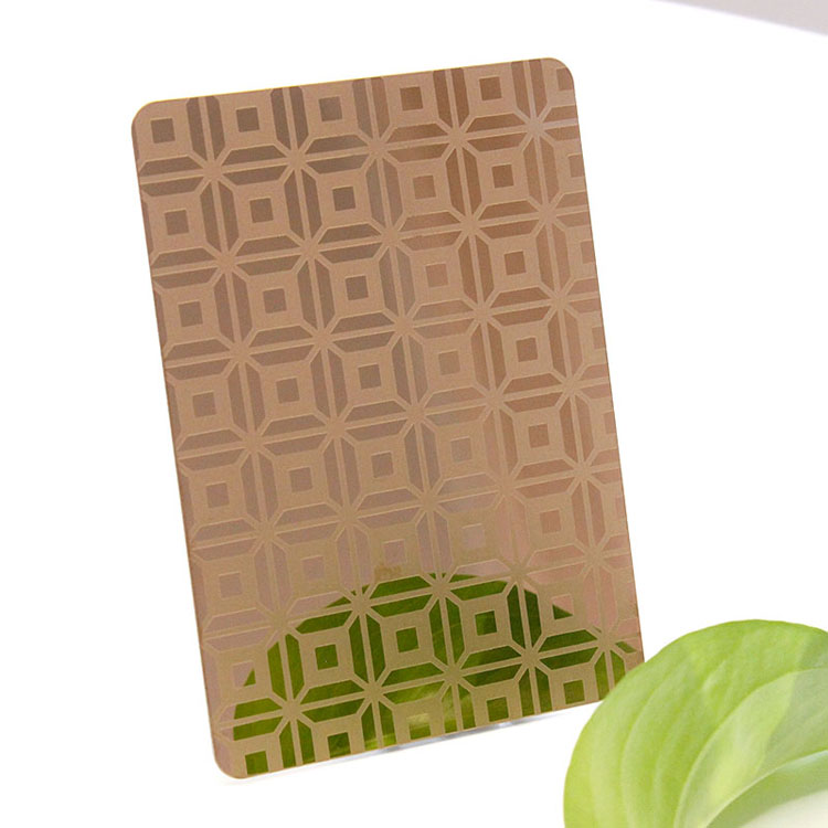 201 304 430 Grade Overlapping Square Pattern Coated Mirror Rose Gold Color Stainless Steel Etching Sheet Price Per Pcs In China